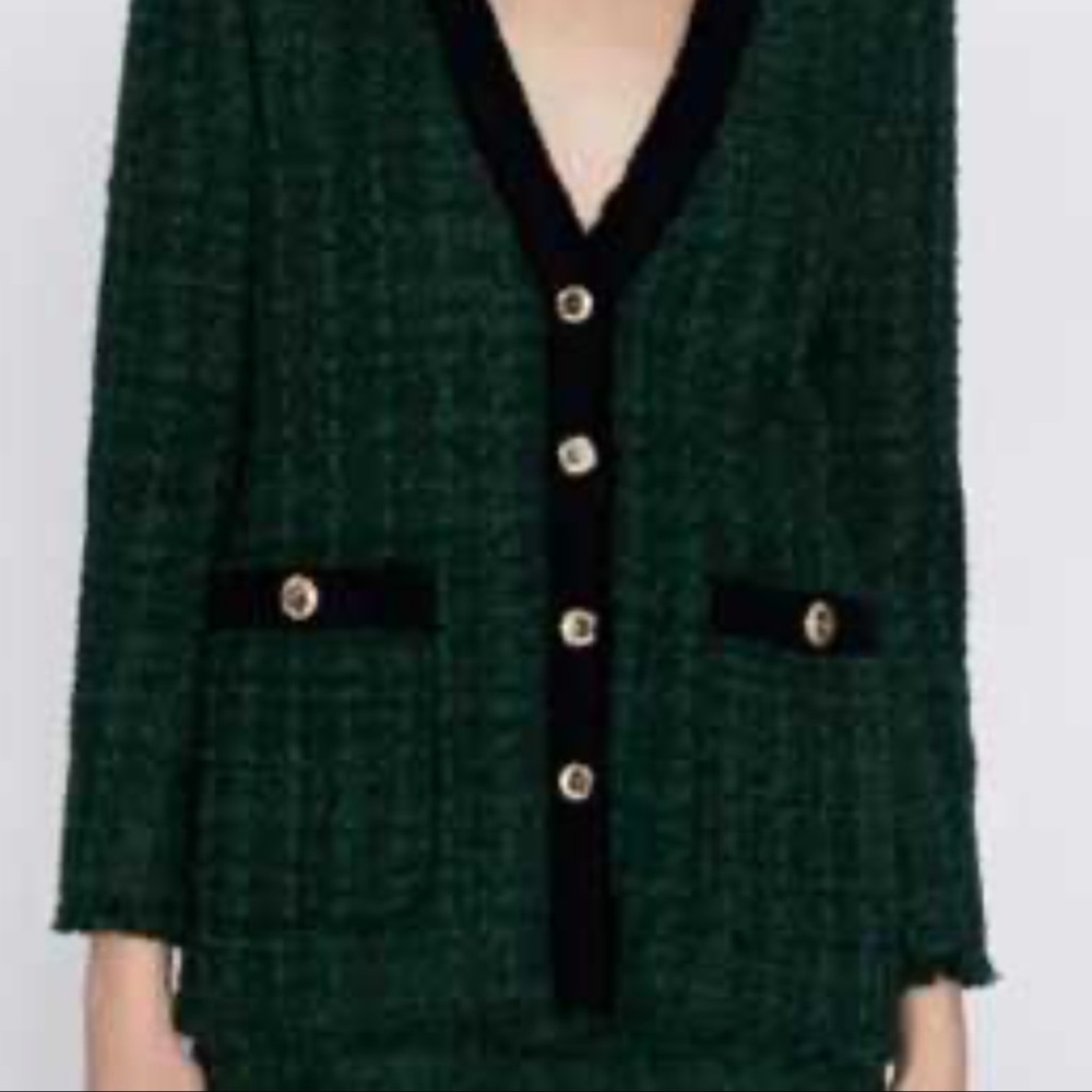 Zara Green and Black Tweed Blazer with Gold Accents